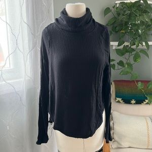 Free People • Black Waffle Knit High Low Turtle Neck Long Sleeve